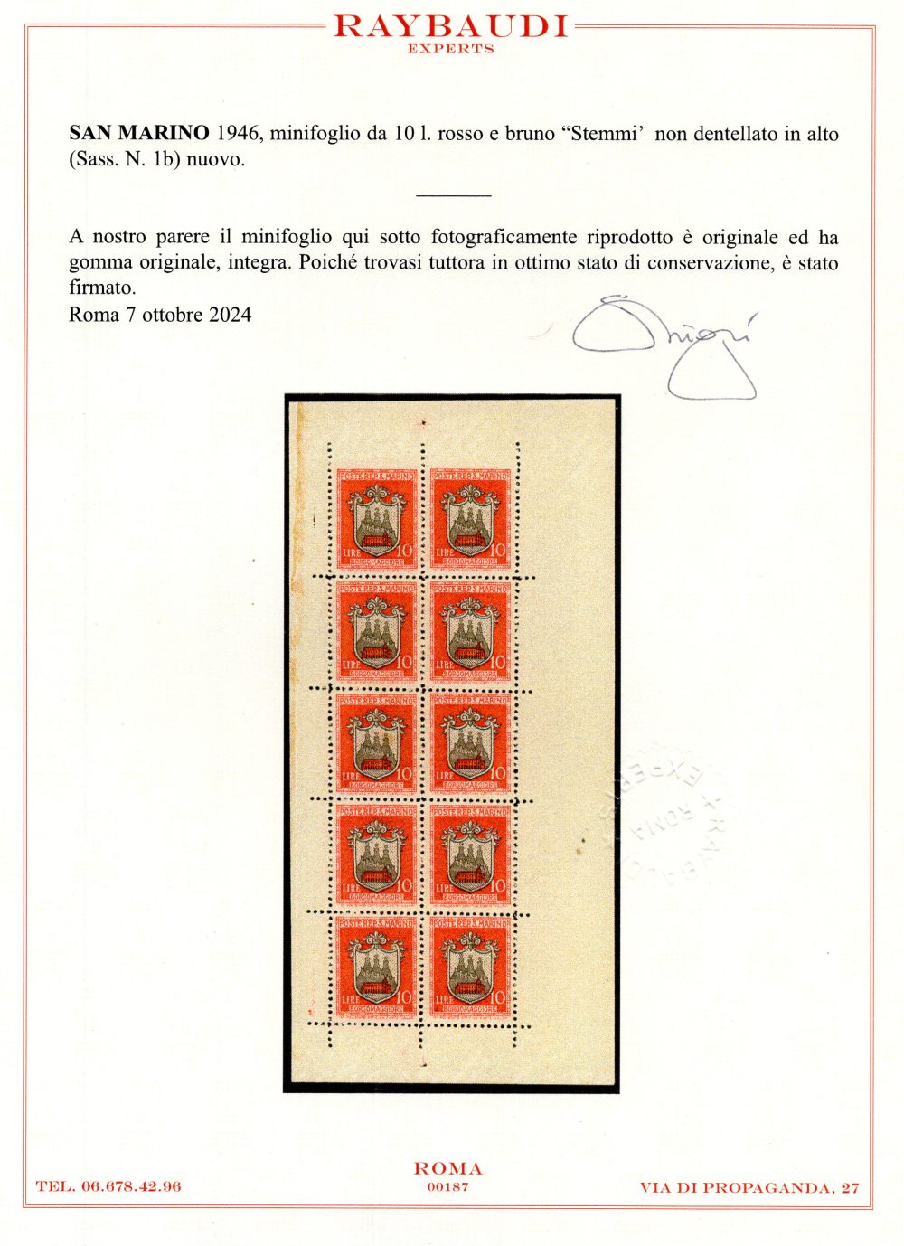 Minifoglio Stemma Lire 10 varietà n. 1b - Cert. Raybaudi