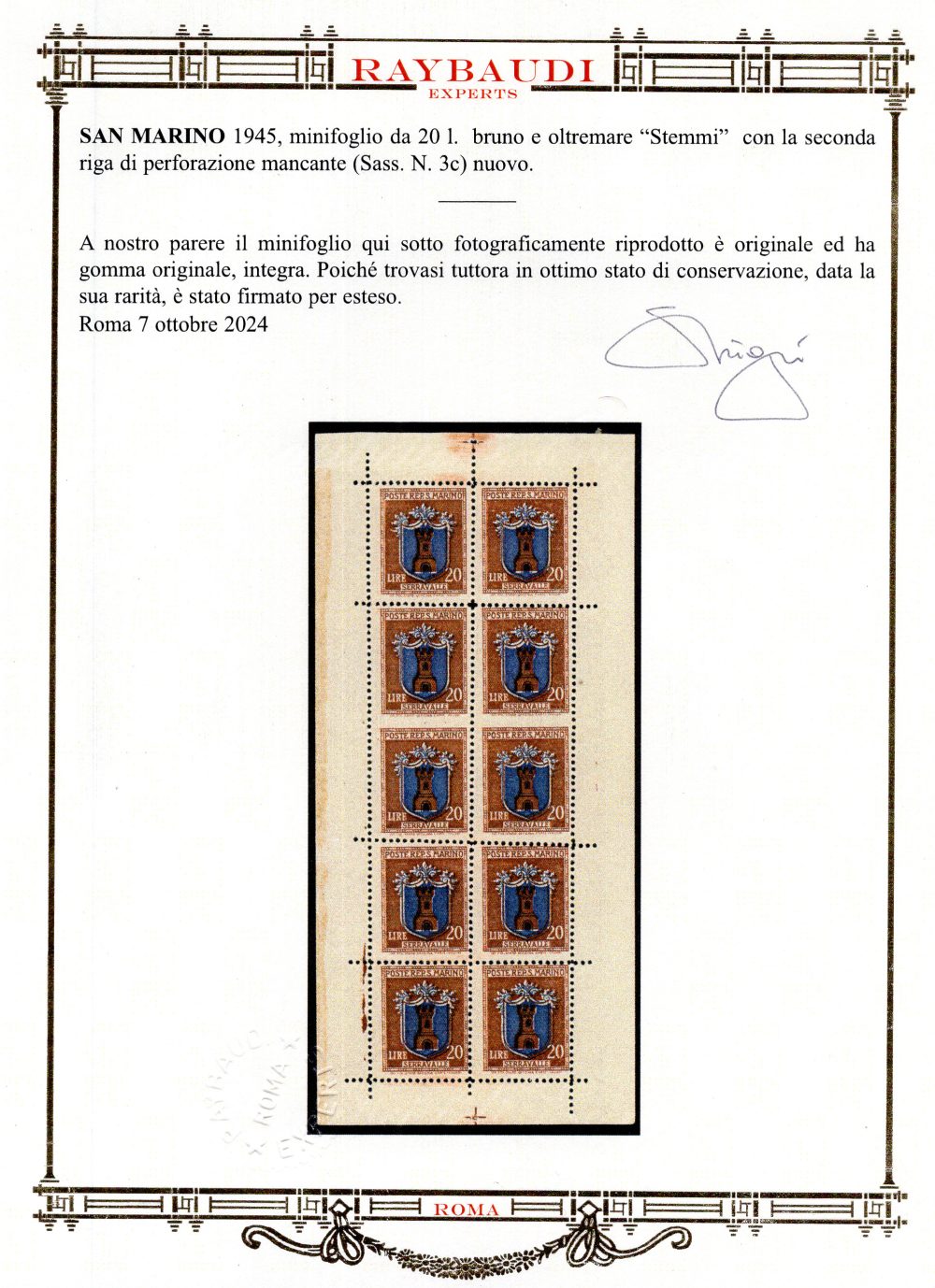 Minifoglio Stemma Lire 20 varietà n. 3c - Cert. Raybaudi "oro" - MNH