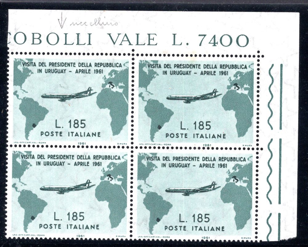 Gronchi Lire 185 n. 920 quartina varietà gabbiano sull'aereo MNH