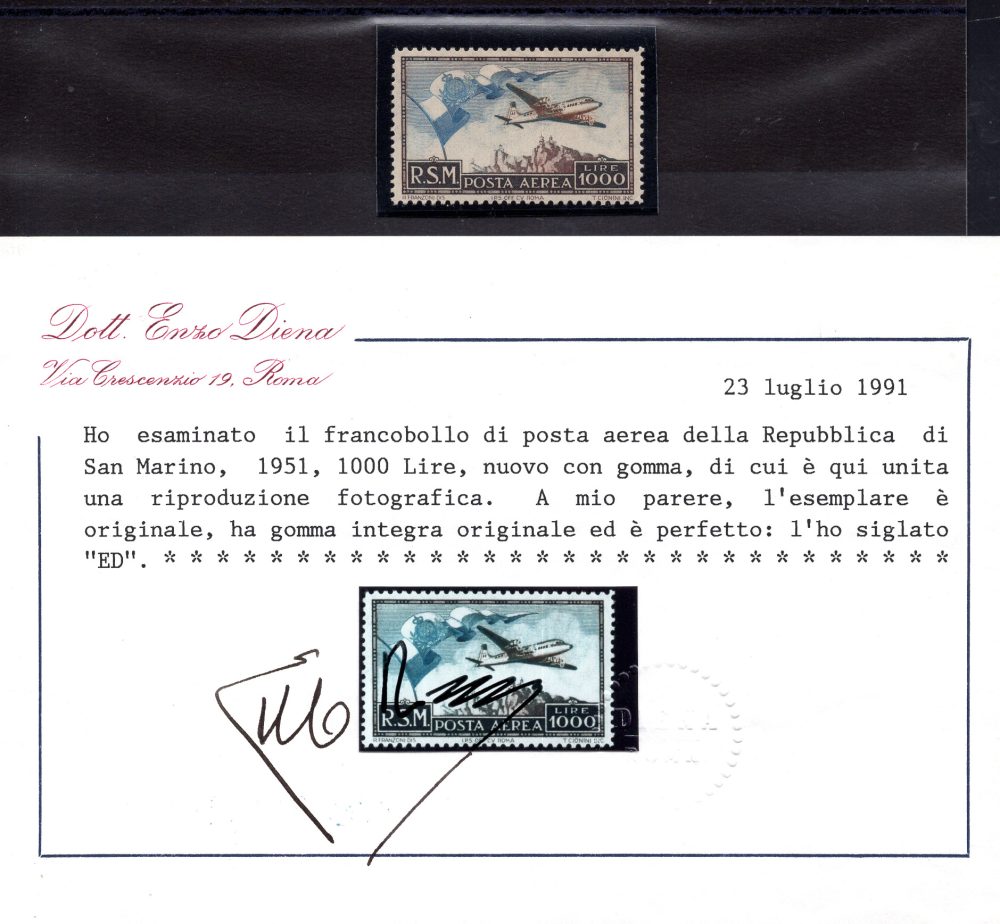 1951 Aereo Lire 1.000 "Bandiera" posta aerea n. 99 certificato - MNH