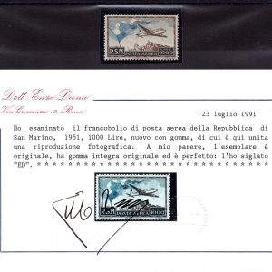 1951 Aereo Lire 1.000 "Bandiera" posta aerea n. 99 certificato - MNH