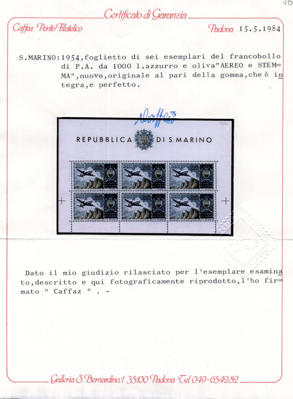 1954 Aereo Lire 1.000 foglietto n. 16 cert. Caffaz - MNH