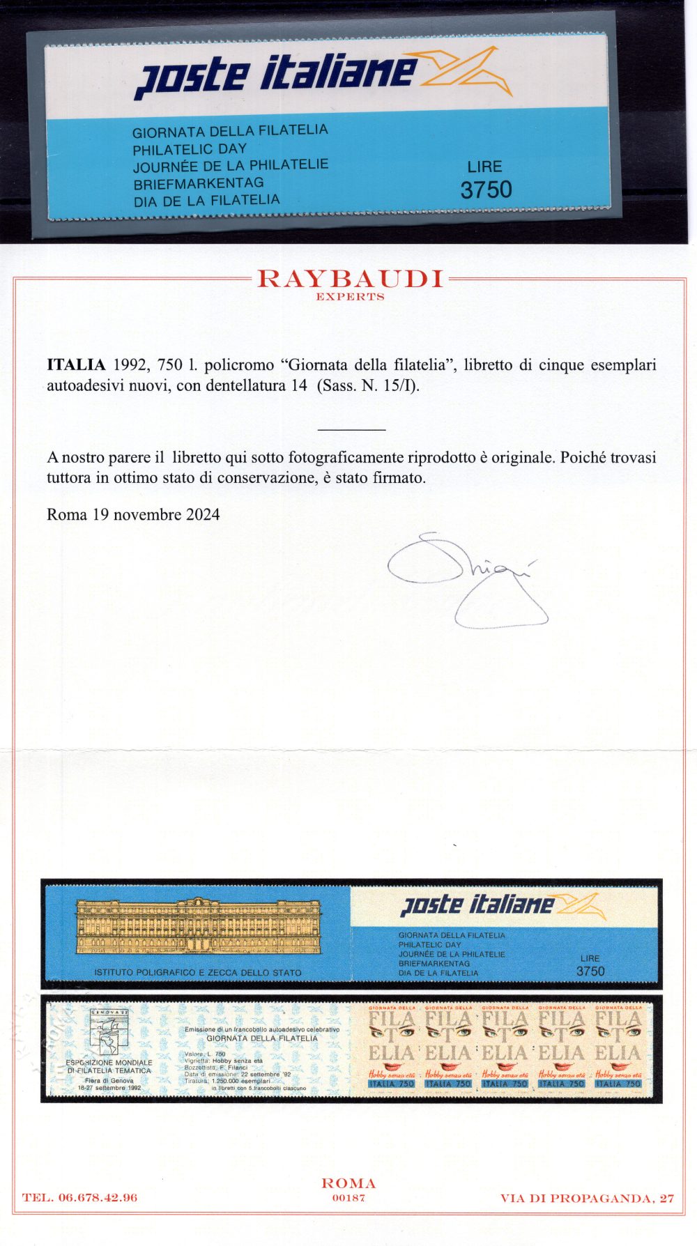 1992 - Giornata della Filatelia - Libretto dentellato 14 n. 15/I