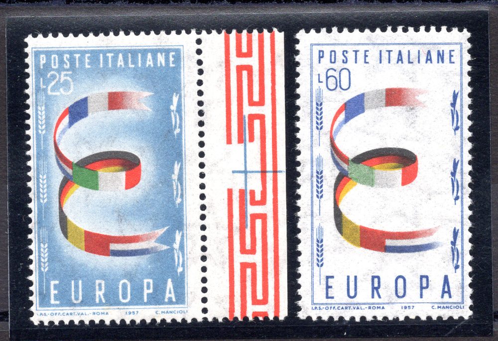 1957 Europa Lire 25 e 60 filigrana stelle 65° Sinistra - MNH