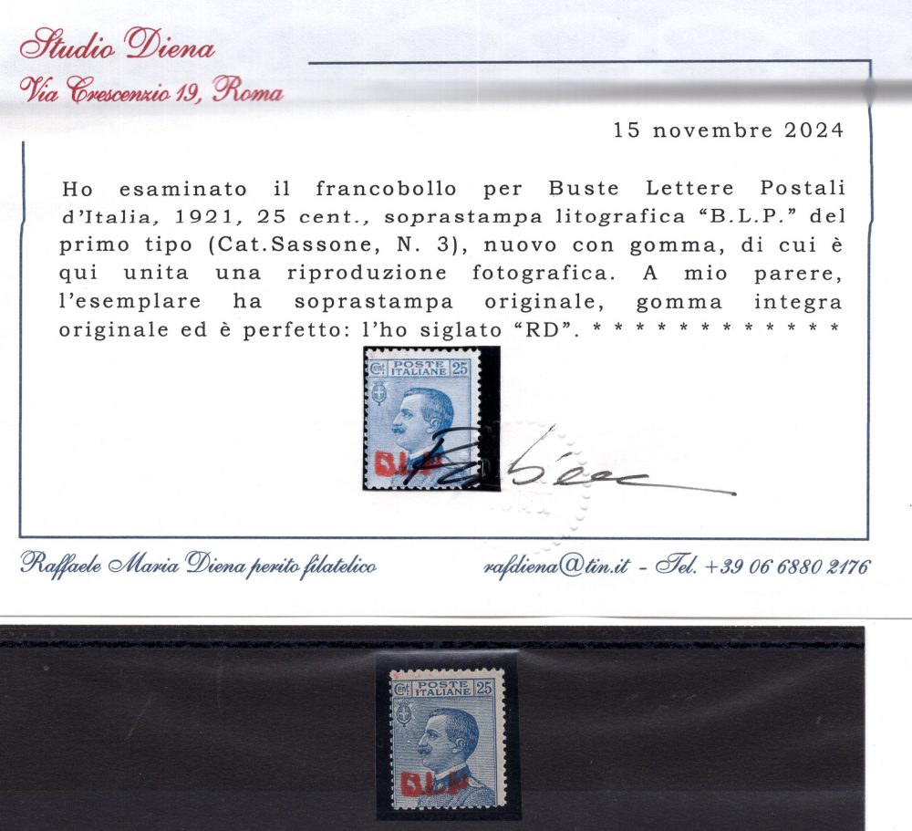 B.L.P. Cent. 25 n. 3 certificato Diena - MNH