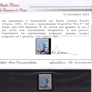 B.L.P. Cent. 25 n. 3 certificato Diena - MNH