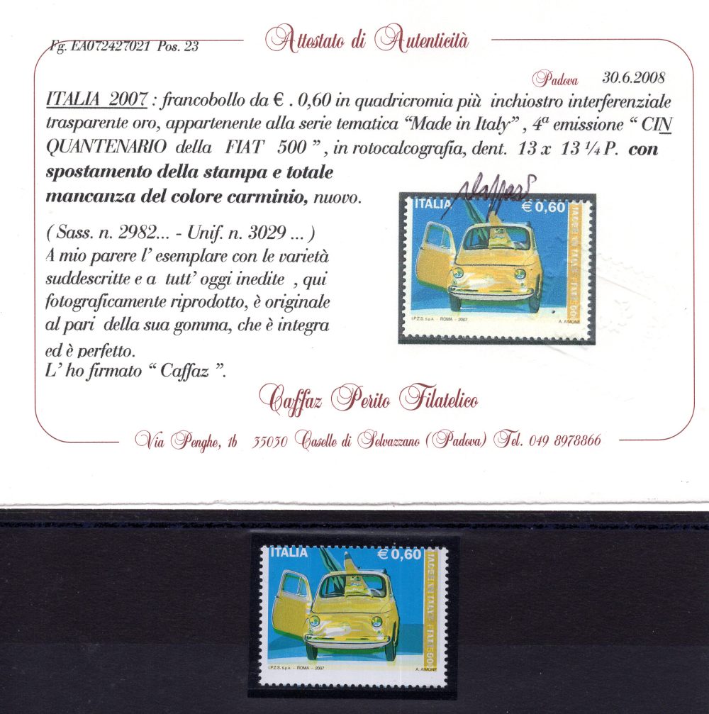 Fiat 500 colore giallo, varietà senza stampa del rosso - MNH