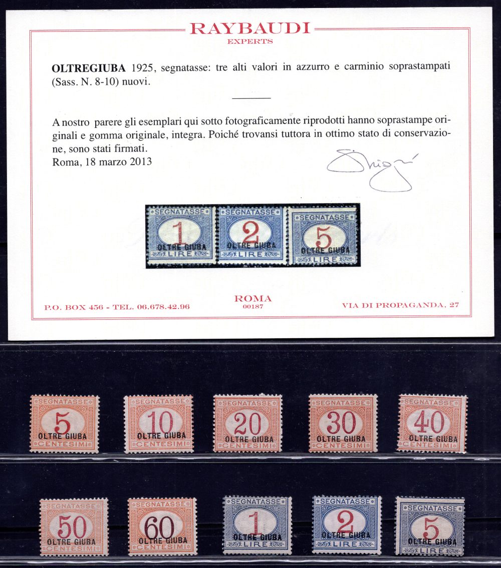 Oltre Giuba - Segnatasse n. 1/10 serie completa, certificato Ray.- MNH