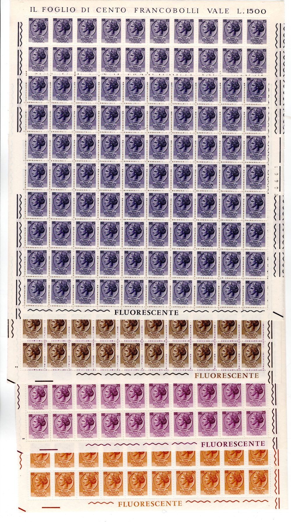 Siracusana "Fluorescente" gomma vinilica serie in fogli di 100 - MNH