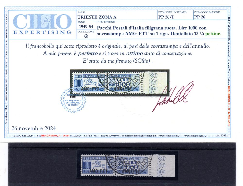 Trieste A - Pacchi Postali Lire 1.000 n. 26 annullato certificato Cilio