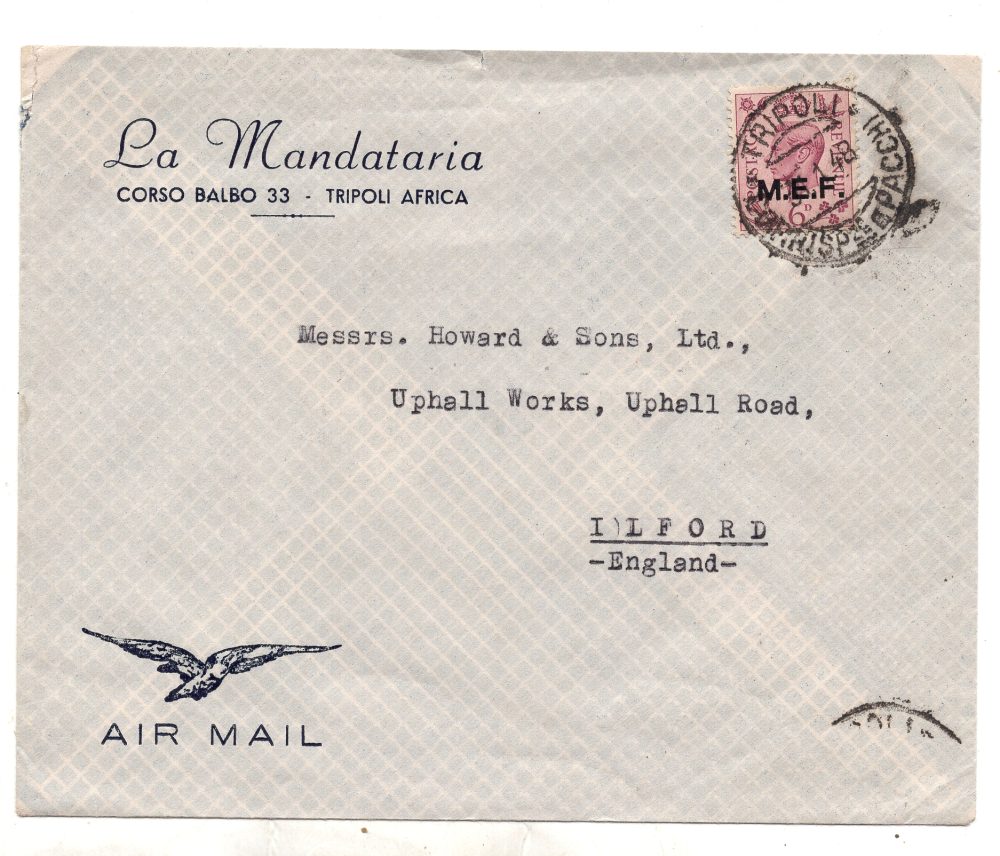 M.E.F. 6 p. isolato su busta via aerea da Tripoli