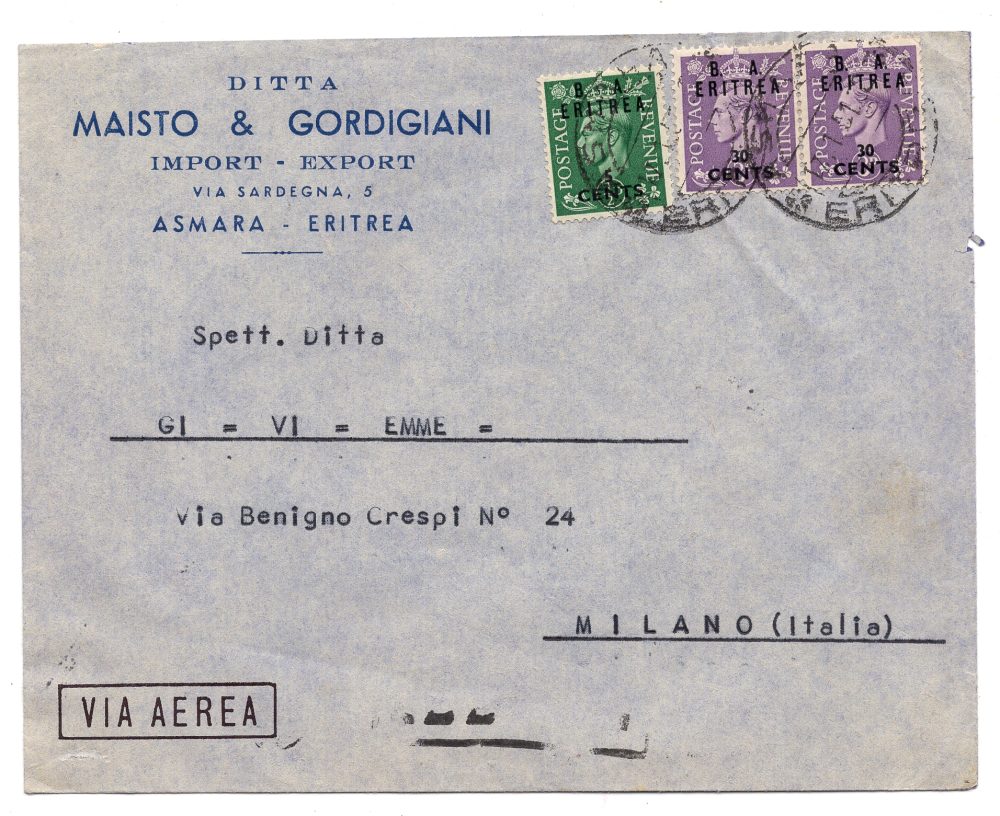 B. A. Eritrea - n. 14 + 18 coppia su aerogramma per Milano