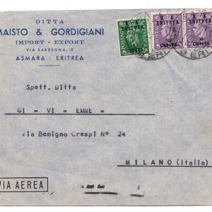 B. A. Eritrea - n. 14 + 18 coppia su aerogramma per Milano