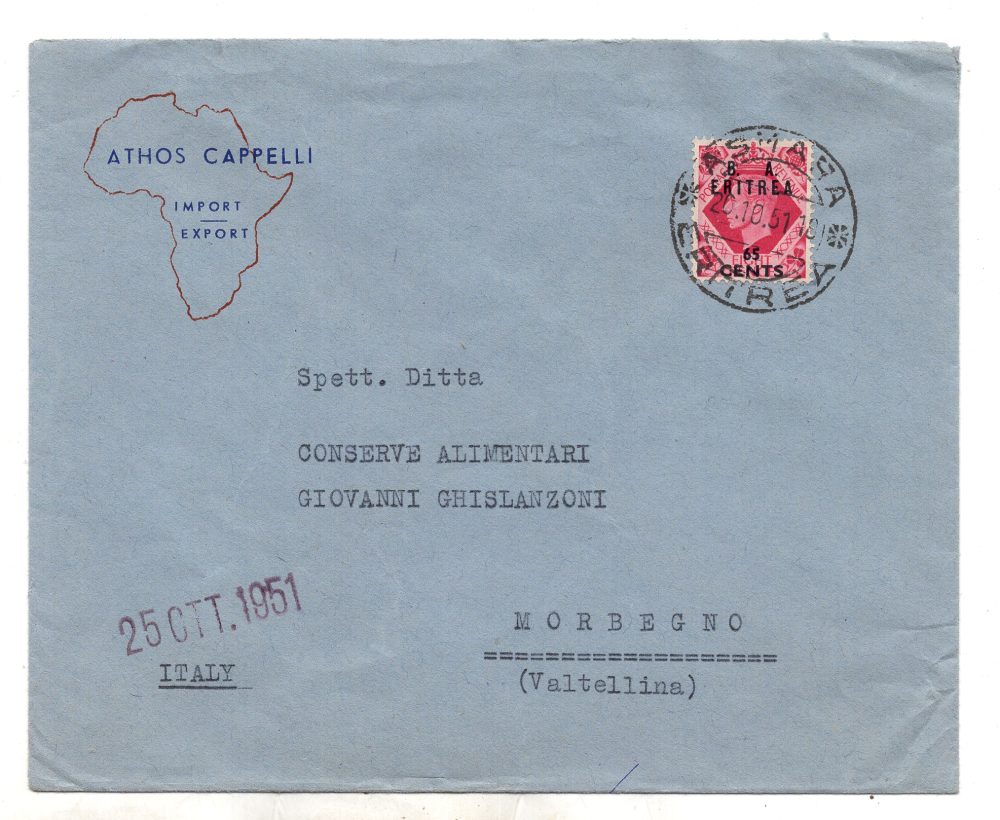 B. A. Eritrea - 65 cent. n. 21 isolato su busta