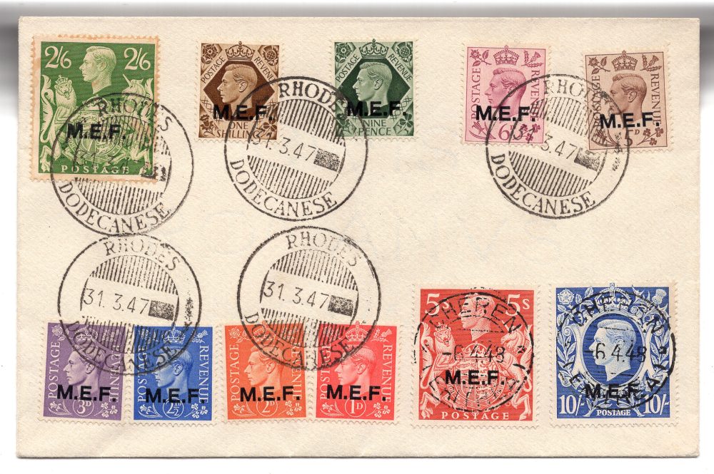 M.E.F. Tiratura di Londra n. 6/16 su busta annullo Rhodes e Cheren