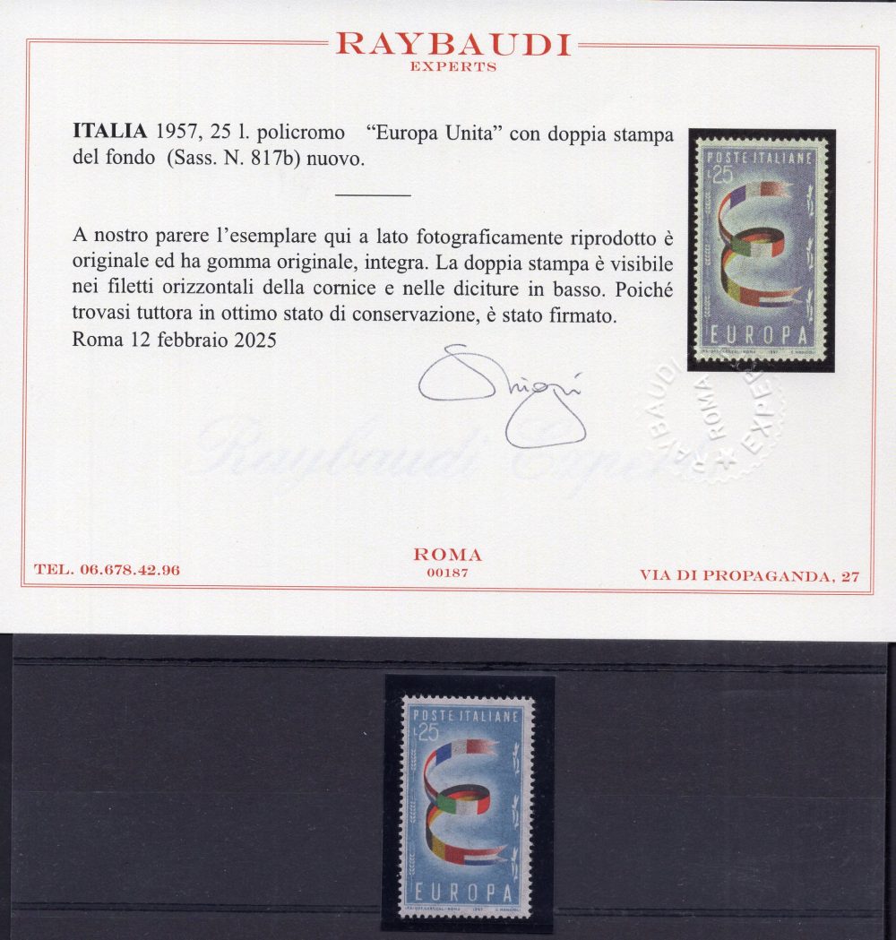 Europa1957 Lire 25 doppia stampa certificato Ray. - MNH