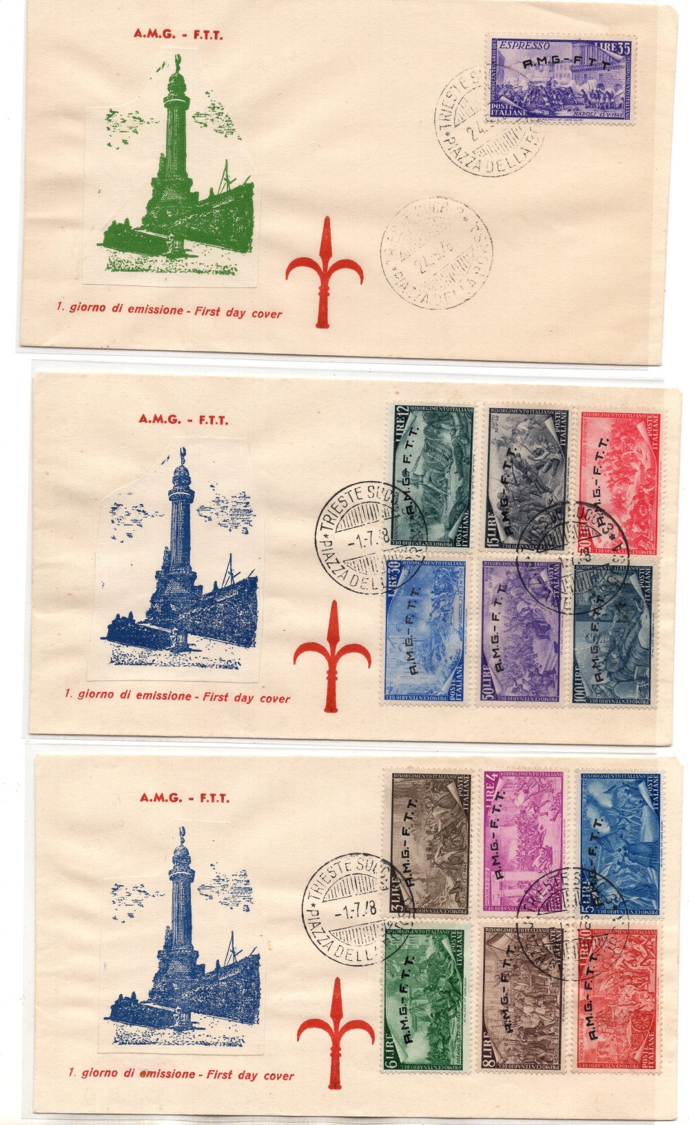 Trieste A - Risorgimento n. 18/29 + Espresso su tre buste  FDC