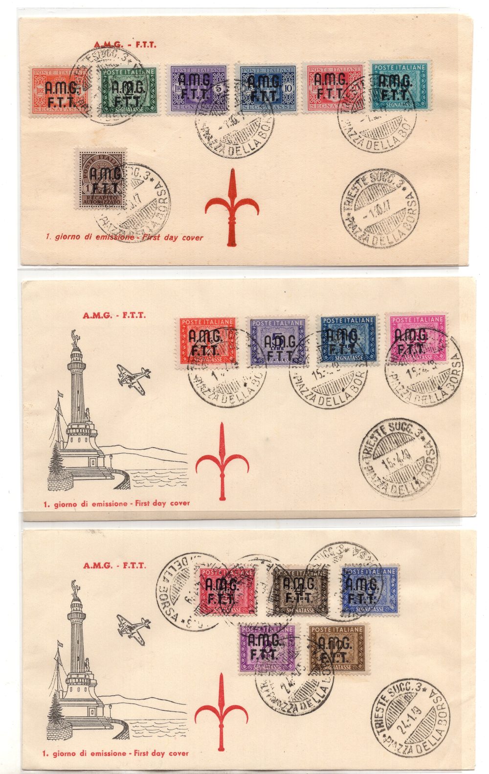 Trieste A - Segnatasse n. 1/15 le due serie su busta annullo FDC