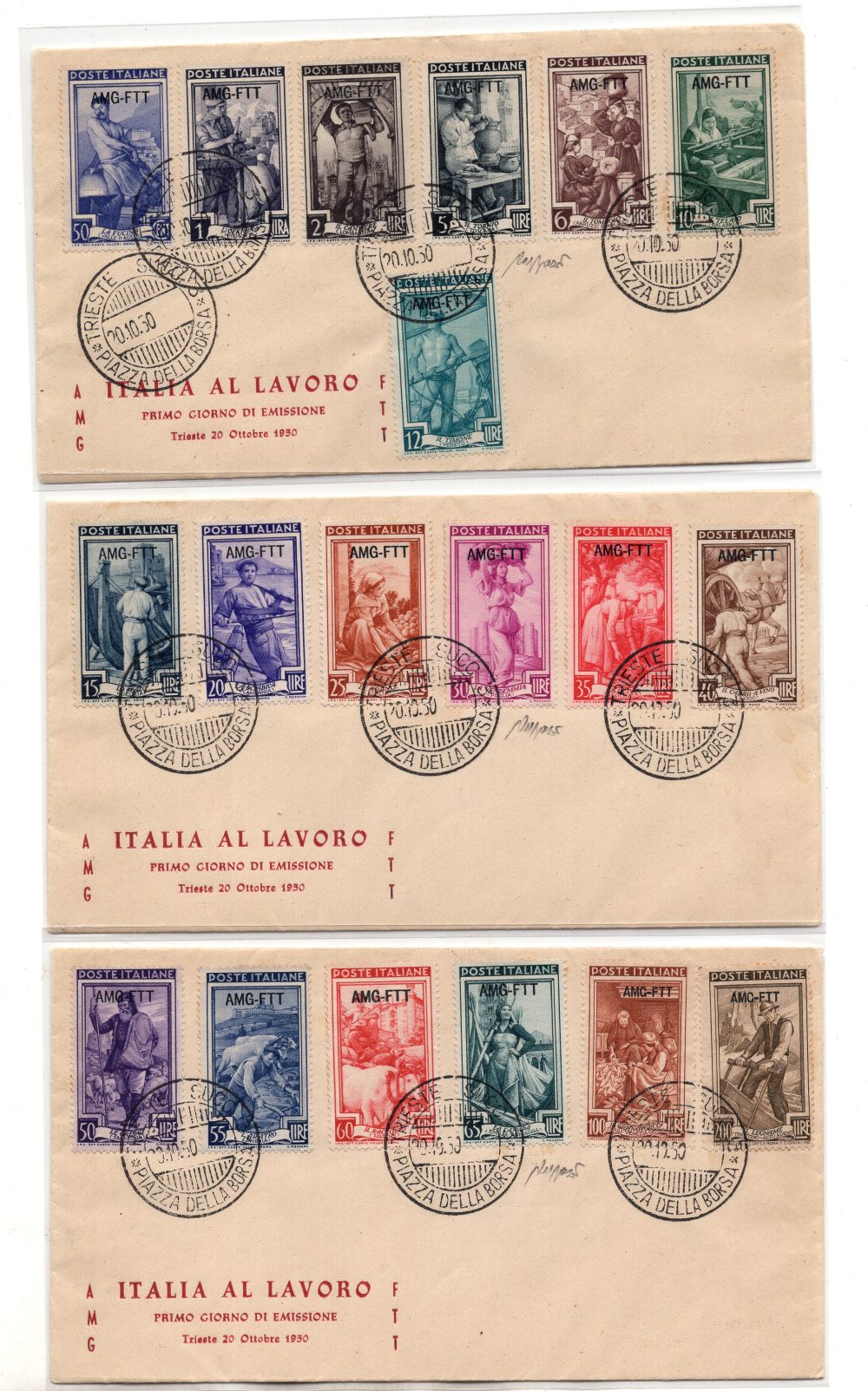 Trieste A - Lavoro n. 89/107 serie su tre buste FDC Venetia Club