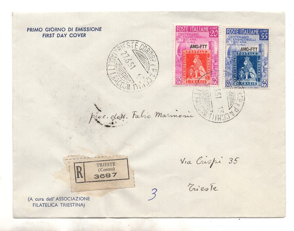 Trieste A - Centenario di Toscana n. 108/109 serie su busta racc.