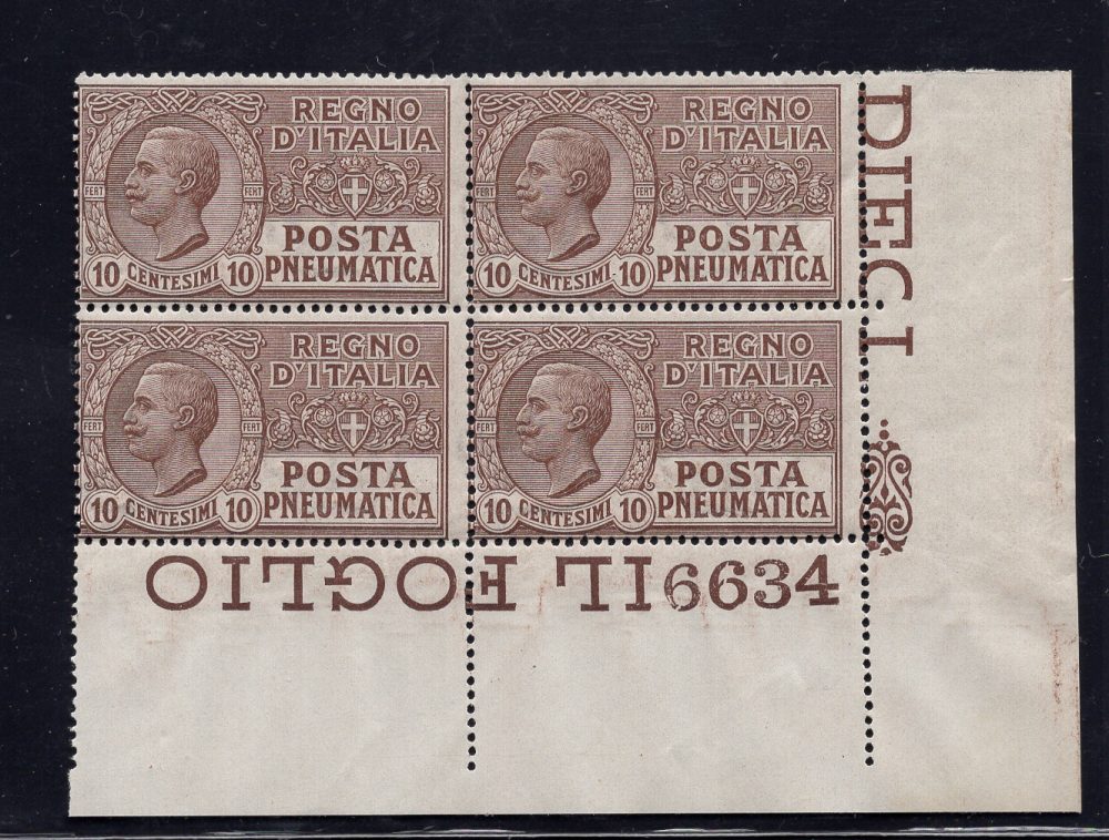 Pneumatica Cent. 10 n. 1 quartina con numero di tavola "6634" MNH