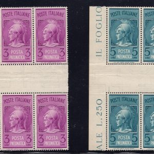 Posta pneumatica Lire 3 e 5 quartina con interspazio - MNH