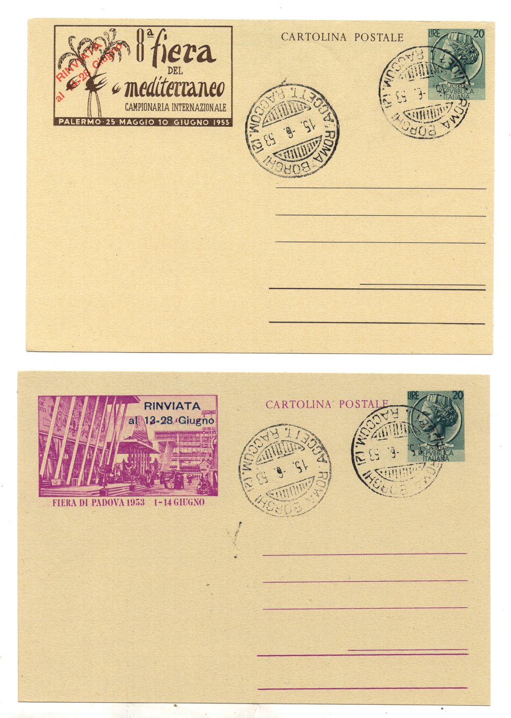 Cartoline Postali Fiere di Padova e Palermo usate annullo FDC