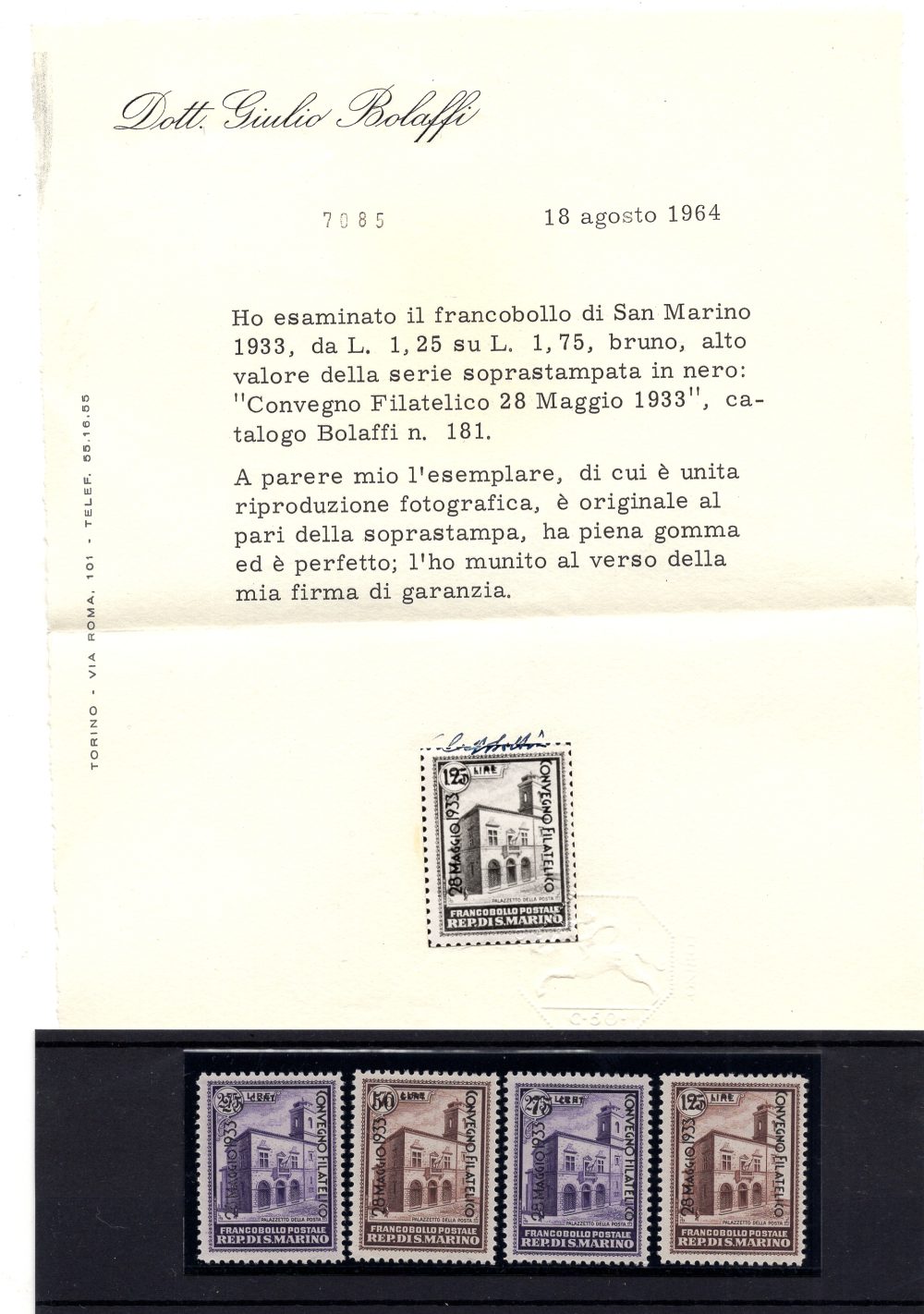 1933 Convegno Filatelico n. 176/179 Cert. Bolaffi MNH