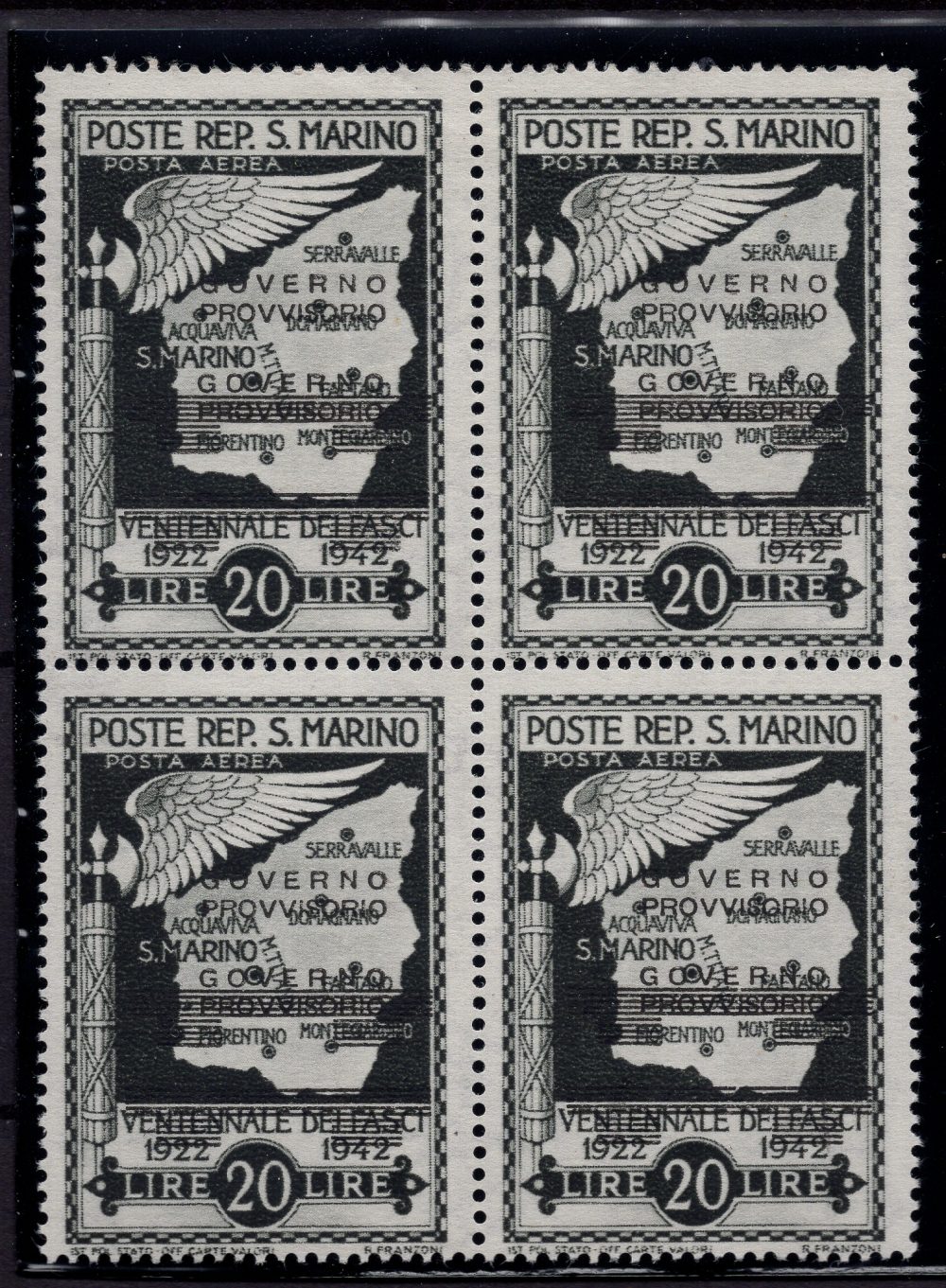Governo Provvisorio Lire 20 n. A47 quartina doppia soprastampa -  MNH