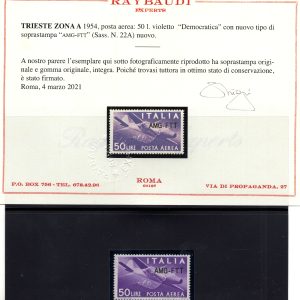 Trieste A - Posta Aerea L.50 n. 22A Cert. Raybaudi